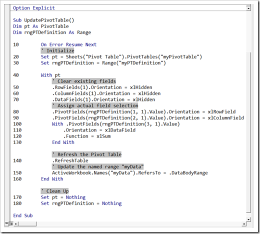 VBA Code to update the Pivot Table - click to enlarge