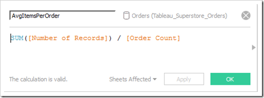 Calculated Field Average Items per Order