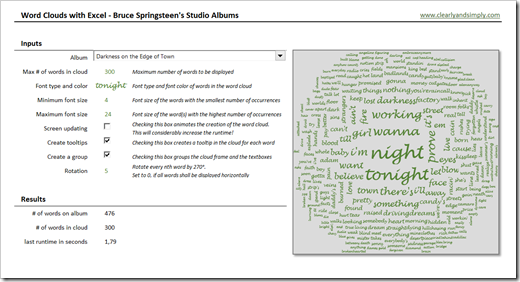 Bruce Springsteen Lyrics in an Excel Word Cloud (click to enlarge)