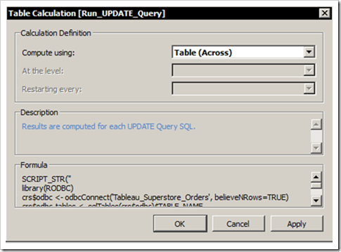 Table Calculation Run UPDATE Query