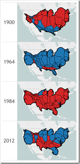 Cartograms of the US Presidential Elections plotted in Tableau