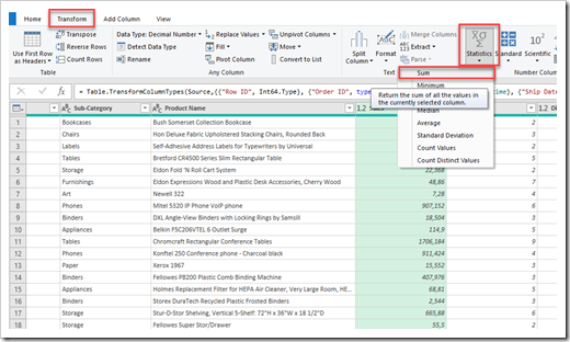 Transform Statistics Sum of Sales